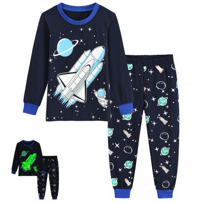 FEDPOP Boys Glow in the Dark Pajamas Space Graphic Sleepwear Kids Cotton Pjs Clothes