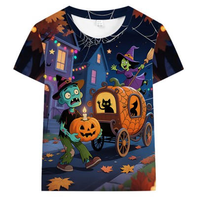 FEDPOP Boys Halloween T-shirts Kids 3D Printed Graphic Tops Pumpkin Short Sleeve Tees Clothes