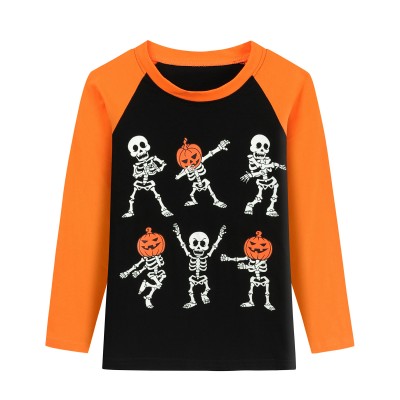 FEDPOP Boys Halloween Shirts Kids Glow in the Dark Skeleton Graphic Tees Raglan Pumpkin T-Shirt