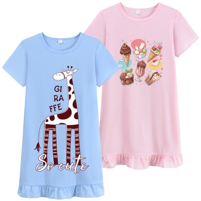 FEDPOP Toddler Girl Nightgown Dresses 2-Pieces Summer Cotton Sleepshirts for Kids 3-4T