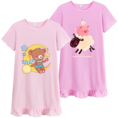 FEDPOP Little Girl 2 pcs Nightgown Dresses Summer Cotton Sleep Pink Dress for Kids 6-7Y