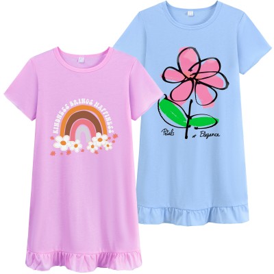 FEDPOP Toddler Girl 2-Pieces Summer Nightgown Graphic Cotton Sleep Dress for Kids 3-4T