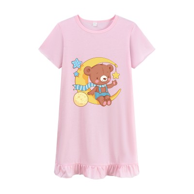 FEDPOP Toddler Girl Nightgowns Dresses Cotton Sleepshirts Summer Nighties Short Sleeve Pink Dress for Kids 4T