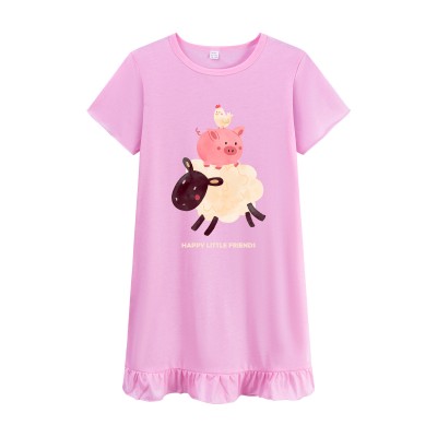 FEDPOP Toddler Girl Nightgowns Dresses Cotton Sleepshirts Summer Nighties Short Sleeve Purple Dress for Kids 3T