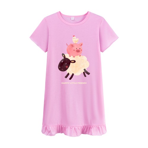 FEDPOP Toddler Girl Nightgowns Dresses Cotton Sleepshirts Summer Nighties Short Sleeve Purple Dress for Kids 3T