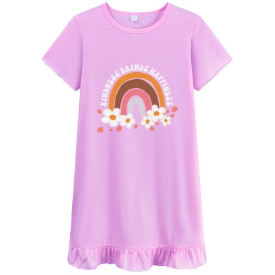 FEDPOP Toddler Girls Cotton Nightgowns Summer Sleepshirts Nighties Short Sleeve Purple Dress for Kids 3T