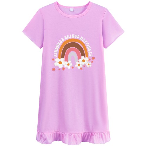 FEDPOP Toddler Girls Cotton Nightgowns Summer Sleepshirts Nighties Short Sleeve Purple Dress for Kids 3T