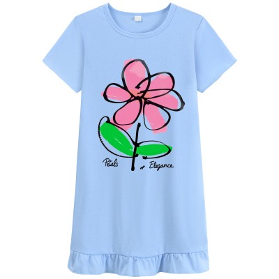 FEDPOP Toddler Girls Cotton Nightgowns Summer Sleepshirts Nighties Short Sleeve Blue Dress for Kids 3T