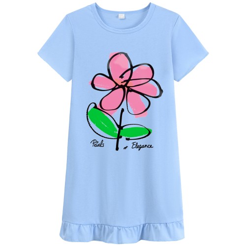 FEDPOP Toddler Girls Cotton Nightgowns Summer Sleepshirts Nighties Short Sleeve Blue Dress for Kids 3T FEDPOP Toddler Girls Cotton Nightgowns Summer Sleepshirts Nighties Short Sleeve Blue Dress for Kids 3T