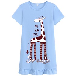 FEDPOP Girls Cotton Nightgowns for Toddler Sleepshirts Dresses Summer Nightties Short Sleeve Blue Dress 3T
