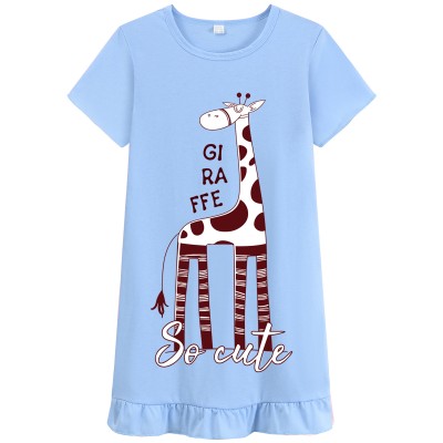 FEDPOP Girls Cotton Nightgowns for Toddler Sleepshirts Dresses Summer Nightties Short Sleeve Blue Dress 3T