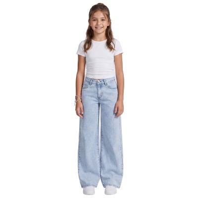 FEDPOP Girls Wide Leg Baggy Jeans, High Waisted Denim Pants with Pockets, Casual Y2K Loose Trousers for Kids, Blue, 8-14Y
