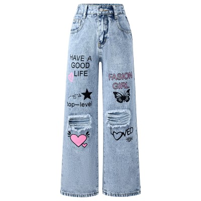 FEDPOP Girls Wide Leg Baggy Jeans, High Waisted Denim Pants with Pockets, Casual Y2K Loose Trousers for Kids, Blue, 8-14Y