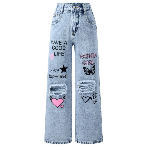 FEDPOP Girls Wide Leg Baggy Jeans, High Waisted Denim Pants with Pockets, Casual Y2K Loose Trousers for Kids, Blue, 8-14Y FEDPOP Girls Wide Leg Baggy Jeans, High Waisted Denim Pants with Pockets, Casual Y2K Loose Trousers for Kids, Blue, 8-14Y