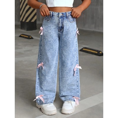 FEDPOP Girls Wide Leg Baggy Jeans, High Waisted Denim Pants with Pockets, Casual Y2K Loose Trousers for Kids, Blue, 8-14Y