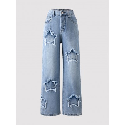 FEDPOP Girls Wide Leg Baggy Jeans, High Waisted Denim Pants with Pockets, Casual Y2K Loose Trousers for Kids, Blue, 8-14Y