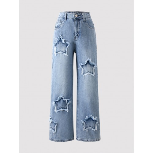 FEDPOP Girls Wide Leg Baggy Jeans, High Waisted Denim Pants with Pockets, Casual Y2K Loose Trousers for Kids, Blue, 8-14Y FEDPOP Girls Wide Leg Baggy Jeans, High Waisted Denim Pants with Pockets, Casual Y2K Loose Trousers for Kids, Blue, 8-14Y