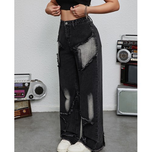 FEDPOP Girls Baggy Wide Leg Jeans, Elastic Waist Pull-On Denim Pants with Pockets, Casual Loose Teen Jeans, Black, 12-16Y